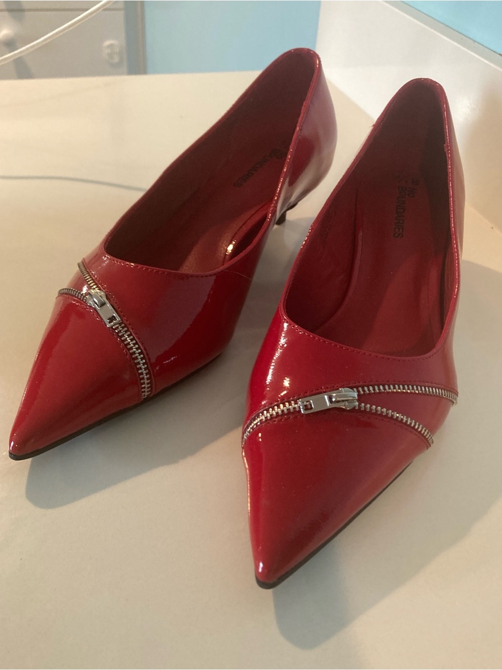Red Patent Pointed Toe Flats Heels with Silver Zip Detail